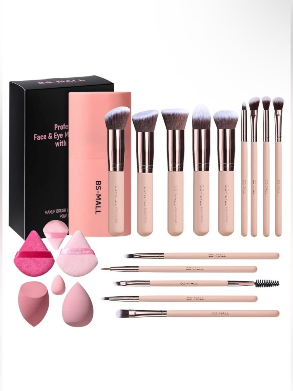 NIB Makeup Set of Brushes, Sponges, Puffs. 14 Brushes, 3 Sponges, 3 Puffs